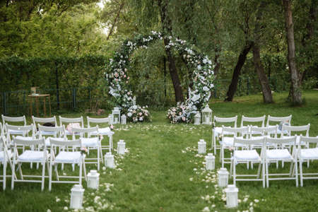 wedding ceremony area with dried flowersの写真素材