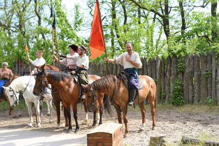 Zaporozhye Cossacks from the Zaporozhye army in national costumes on horsebackのeditorial素材