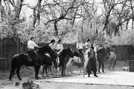 Zaporozhye Cossacks from the Zaporozhye army in national costumes on horsebackのeditorial素材