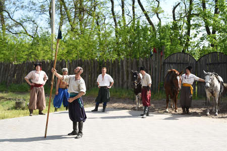 Zaporozhye Cossacks from the Zaporozhye army in national costumes on horsebackのeditorial素材
