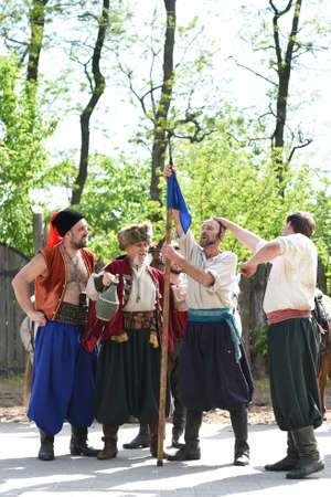 Zaporozhye Cossacks from the Zaporozhye army in national costumes on horsebackのeditorial素材