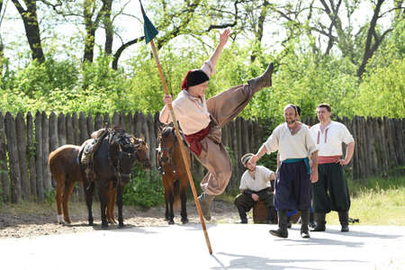 Zaporozhye Cossacks from the Zaporozhye army in national costumes on horsebackのeditorial素材