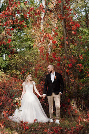 walk of the bride and groom through the autumn forest in Octoberの写真素材