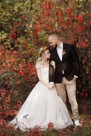 walk of the bride and groom through the autumn forest in Octoberの写真素材