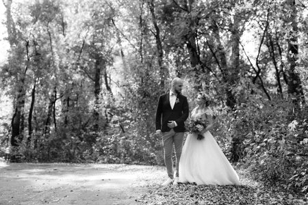 walk of the bride and groom through the autumn forest in Octoberの写真素材