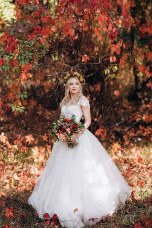 blonde girl in a wedding dress in the autumn forest against the background of wild red grapesの写真素材