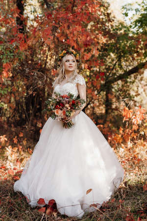 blonde girl in a wedding dress in the autumn forest against the background of wild red grapesの写真素材