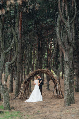 walk of the bride and groom through the autumn forest in Octoberの写真素材