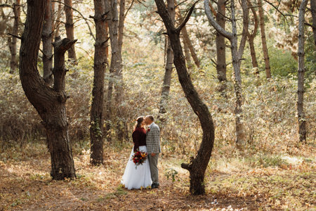 walk of the bride and groom through the autumn forest in Octoberの写真素材