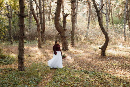 girl in a wedding dress in the autumn forest against the background of wild treesの写真素材