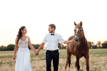 the bride in a white dress and the groom in a white shirt on a walk with brown horsesの写真素材