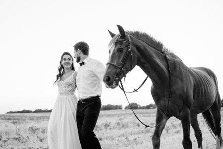 the bride in a white dress and the groom in a white shirt on a walk with brown horsesの写真素材