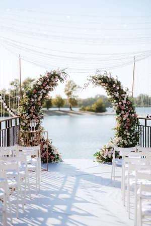 wedding ceremony area, arch chairs decorの写真素材