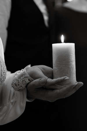 atmospheric candle decor with live fireの写真素材