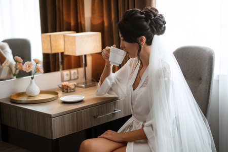 bride in a veil with makeup drinks morning coffee in a hotelの写真素材
