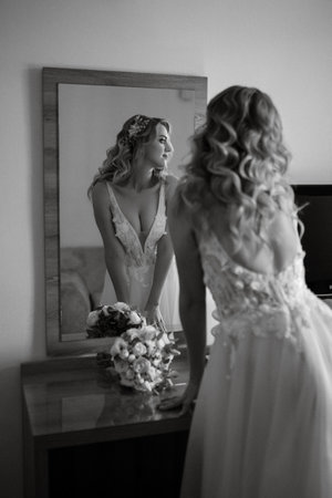 morning of the bride with the creation of the image of makeup and the creation of hairstylesの写真素材