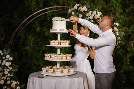 newlyweds happily cut, laugh and taste the wedding cakeの写真素材