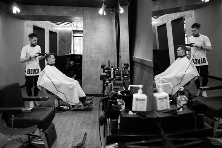 morning of the groom in the barbershopの写真素材