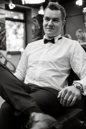 morning of the groom in the barbershopの写真素材