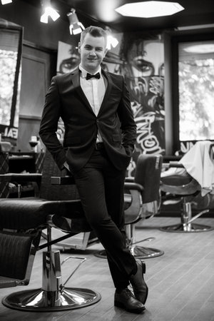 morning of the groom in the barbershopの写真素材