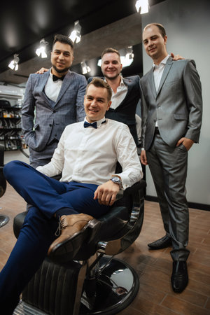 morning of the groom in the barbershopの写真素材