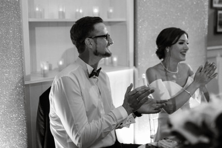 portrait of the newlyweds at the presidium at the wedding banquetの写真素材