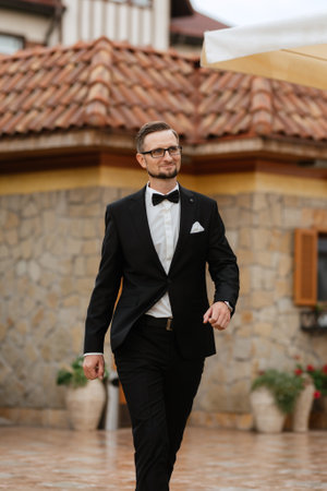 wedding ceremony of the newlyweds on the glade near the restaurantの写真素材