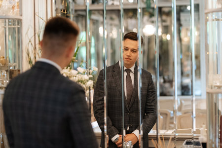 portrait of a groom in a gray plaid suit with a tie in a light bar with mirrorsの写真素材