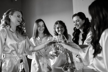bride with bridesmaids in silk pajamas in the kitchen drinking pink champagne and having funの写真素材