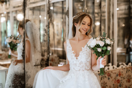 portrait of a bride in a white dress in a bright cafe with mirrorsの写真素材