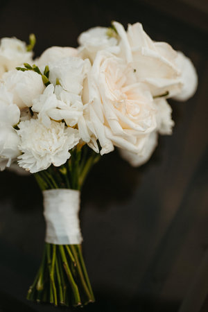 elegant wedding bouquet of fresh natural flowers and greeneryの写真素材