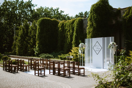wedding ceremony area, arch chairs decorの写真素材
