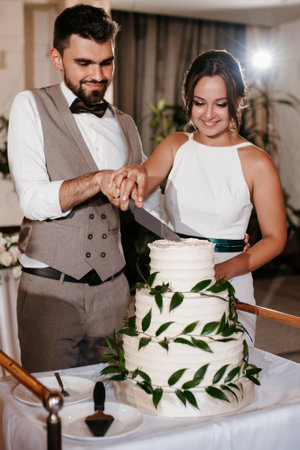newlyweds happily cut, laugh and taste the wedding cakeの写真素材