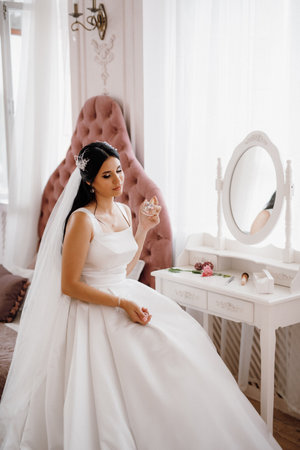brunette bride in a tight wedding dress in a bright studioの写真素材