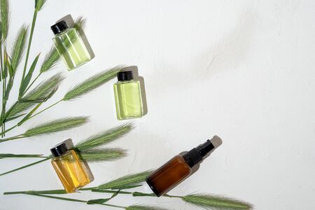 Cosmetic bottle containers on white background. Natural organic productの写真素材