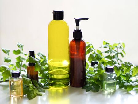 Cosmetic bottle containers on white background. Natural organic productの写真素材