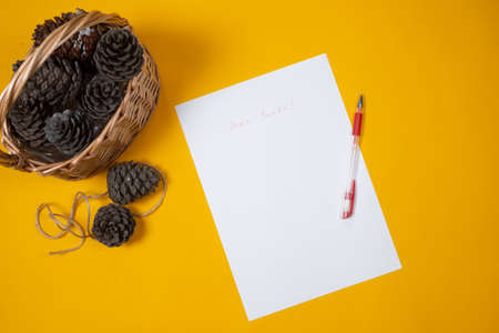 Childrens letter to Santa for Christmas on yellow background with pine cones