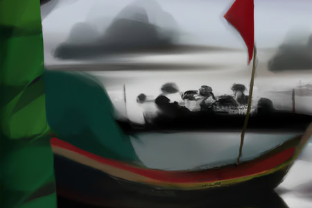 Boat in the water with the flag of the United Arab Emiratesの素材
