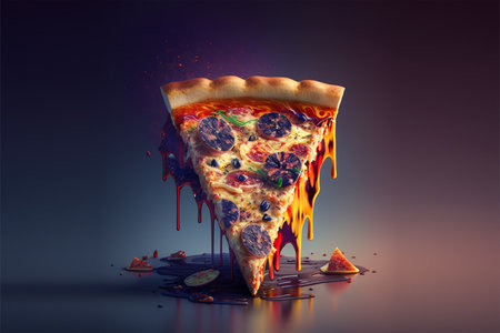 Pizza slice with melted chocolate on dark background. 3d illustrationの素材
