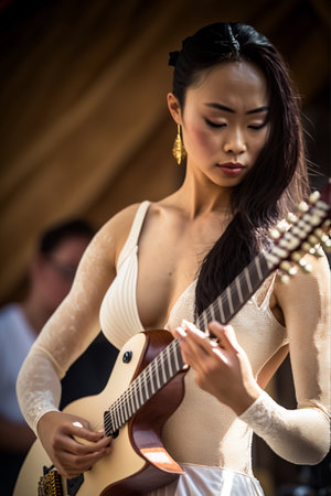 Unidentified Thai woman playing guitar in Bangkok Thailand.の素材