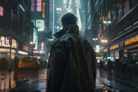 Man in raincoat on the street in New York City at nightの素材