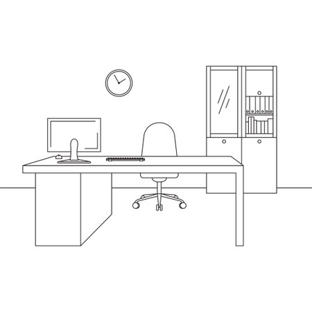Continuous one line drawing of office interior. Workplace with table and chair. Vector illustrationのイラスト素材
