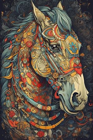 Horse head with colorful ornament. Hand-drawn art illustration.の素材