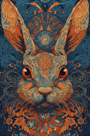 Rabbit with ornaments and patterns on a dark background.の素材