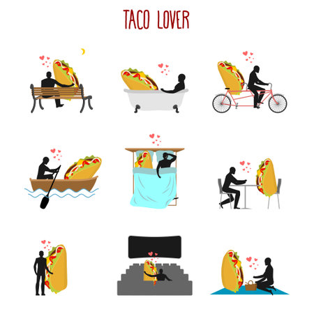 Tacos icons set. Flat illustration of 16 tacos icons for webのイラスト素材