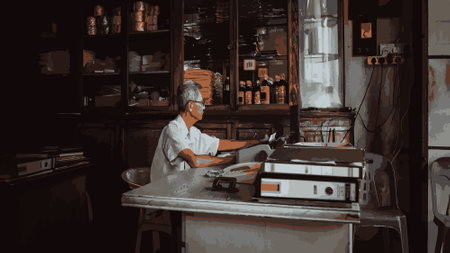 Retro barista in apron and protective mask working in coffee shop