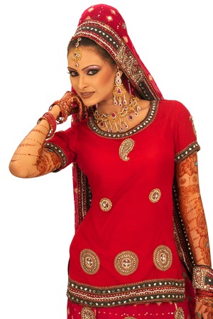 Slim beautiful woman wearing luxurious wedding dress over white studio backgroundの写真素材