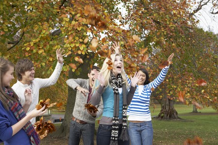 Group Of Teenage Friends Throwing Leaves In Autumn Landscapeの写真素材