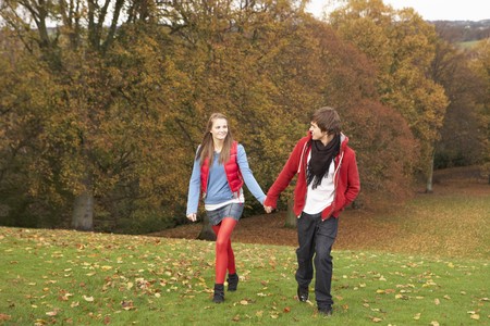 Romantic Teenage Couple Walking Through Autumn Landscapeの写真素材