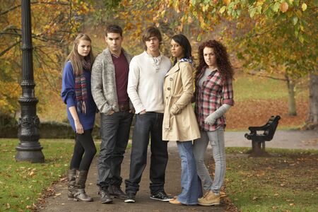 Group Of Five Teenage Friends Having Fun In Autumn Parkの写真素材